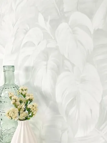 Newroom Tapete Weiß Vliestapete Blätter - Mustertapete Modern Hellgrau Palmenblätter Dschungel Dschungeltapete Tropisch Exotisch Regenwald inkl. Tapezier-Ratgeber