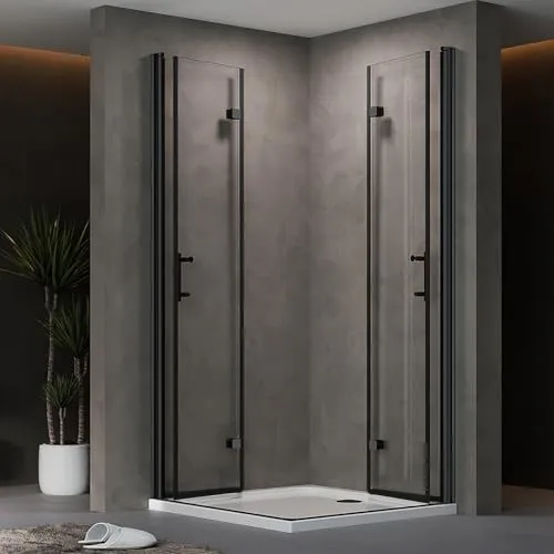 AQUENITH Duschkabine Eckeinstieg Schwarz 75x90cm mit Falttür