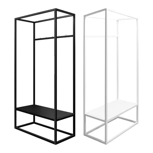 Natural Goods Berlin offener Kleiderschrank QUADER - Kleiderständer Schwarz Metall - Kleiderschrank 40 cm tief 160 x 80 cm - Kleiderstange mit Ablage und Haken - Garderobenständer mit Schuhablage