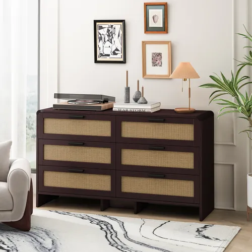 MODFU Sideboard Kommode Buffetschrank mit 6 Schubladen aus Rattan, Beistellschrank für Wohnzimmer, Schlafzimmer und Küche,Braun