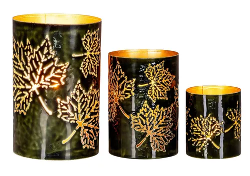 Levandeo® Kerzenlaterne, 3er Set Windlichter H10-20cm - Elegante Kerzenhalter aus Metall in Grün und Gold, mit detailreichem Herbstblatt-Ausschnitt für eine gemütliche Atmosphäre. Ideal für Ihre Tischdeko.