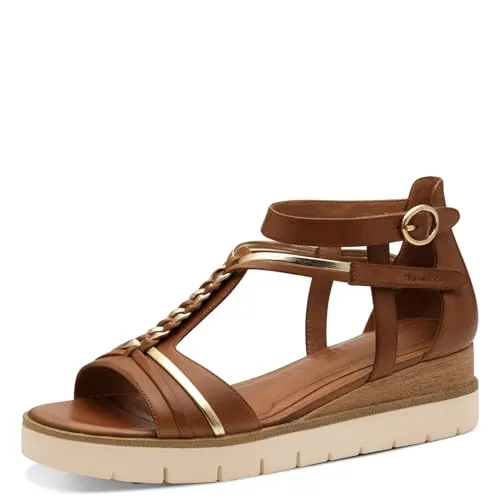 Keilsandalette TAMARIS für Damen, Gr. 37, braun (cognac) - Modische Riemchensandale aus Leder und Lederimitat mit kleinem Keilabsatz (4,5 cm) und gepolsterter Innensohle für hohen Tragekomfort – ideal für den Sommer.