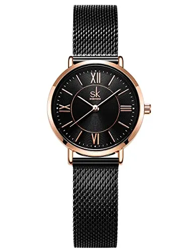 Alienwork Armbanduhr Damen Roségold Metall Mesh Armband - Elegante Damen-Armbanduhr aus Edelstahl mit ultra-flachem Design, ideal für den Alltag und besondere Anlässe. Das verstellbare Mesh-Armband sorgt für perfekten Tragekomfort.