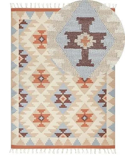 Kelim-Teppich Dilijan 160x230 cm - Teppich aus handgewebter Baumwolle mit buntem geometrischen Muster, perfekt für ein gemütliches Zuhause und umweltfreundlich.