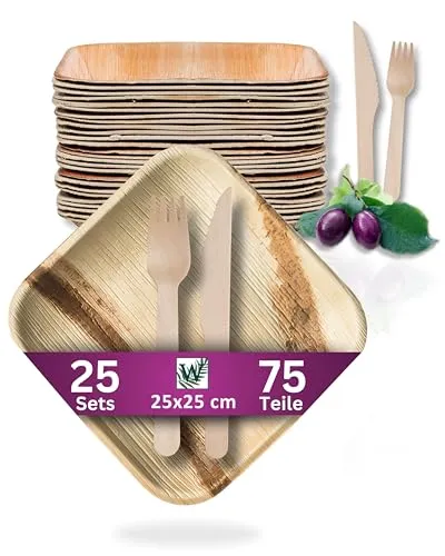 Waipur Bio Palmblatt Geschirr mit Holz Besteck - je 25 große Teller, Messer und Gabeln - Premium Einweg-Geschirr Set kompostierbar - ähnl. Bambus-Teller Einweg