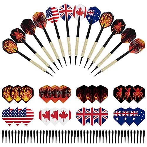 MoonSing Dartpfeile mit Kunststoffspitze, Set mit 12 Dartpfeilen mit weicher Spitze, mit 8 Stilen, 24 Flights und 46 Kunststoffspitzen für elektronische Dartscheibe (14 g)