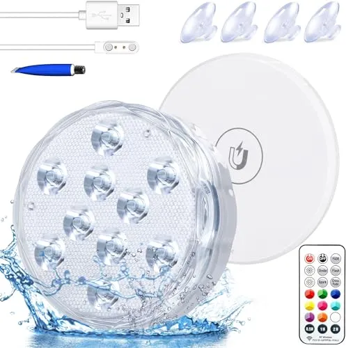Idealife Wiederaufladbar Poolbeleuchtung UnterwasserLicht mit Fernbedienung Timer Magnetische WRGB Farbwechsel Stimmungslicht wasserdichte Teichbeleuchtung für Aquarium Weihnachten Garten (1-Neu)