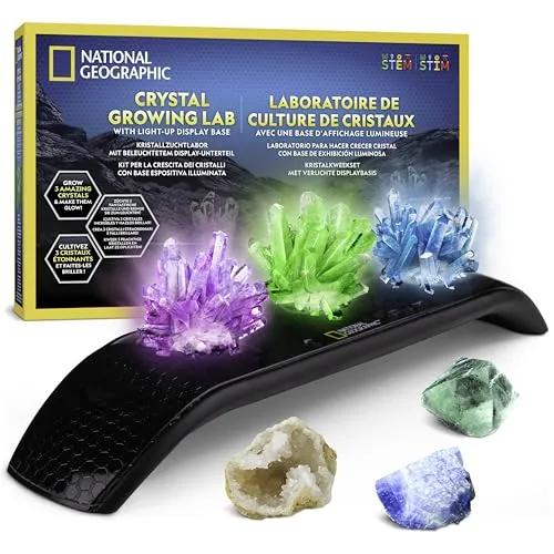 NATIONAL Geographic Kristallzucht-Set – Züchte 3 farbenfrohe Kristalle mit beleuchtetem Ständer & Handbuch, inkl. Geode, grünem Fluorit & echtem Edelstein