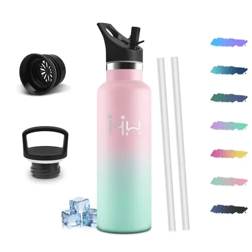 Mulbijeo Trinkflasche Edelstahl 500ml, Trinkflasche mit Strohhalm, Doppelwandige Vakuumisolierung, Isolierflasche, 18/8 Edelstahl BPA-frei Auslaufsicher, Thermoskanne
