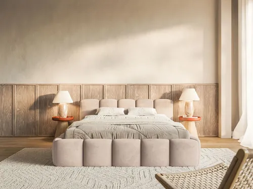 Selsey Polsterbett Cloudy Low, Beige, 140x200 cm - Stilvolles Polsterbett mit niedrigem Kopfteil und samtartigem, wasserabweisendem Bezugsstoff. Ideal für ein gemütliches Schlafzimmer und langlebigen Komfort.