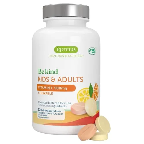 Igennus Zuckerfreie Vitamin C Kautabletten 500mg, 120-240 Portionen, Kinder & Erwachsene, Clean Label & gut verträgliche Formen; hoch absorbierbare, gepufferte Formel, Orangen- & Zitronengeschmack