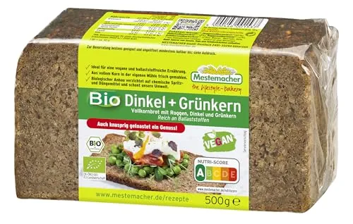Mestemacher Bio Dinkel & Grünkern Vollkornbrot vegan, Nutri Score A, reich an Ballaststoffen, aus vollem Korn in der eigenen Mühle frisch gemahlen, 7 Scheiben, 500g