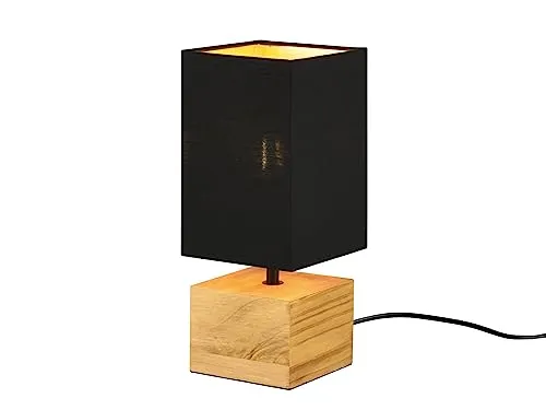 Eckige Tischleuchte 30cm mit Holzfuß und Stoffschirm Schwarz-Gold - Tischlampen mit austauschbarem, dimmbarem LED-Leuchtmittel für individuelle Lichtgestaltung und warmweißes Licht, ideal für ein gemütliches Ambiente.