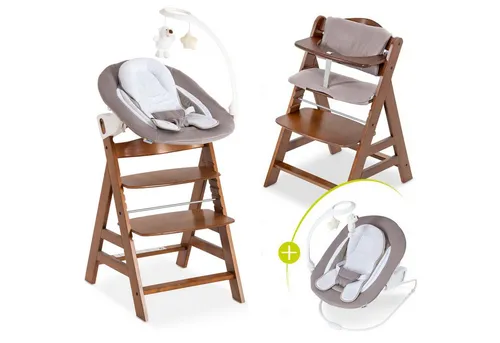 Hauck Hochstuhl Alpha Plus Walnut Newborn Set Deluxe (Set, 4 St), Holz Babystuhl ab Geburt inkl. Aufsatz für Neugeborene & Sitzauflage