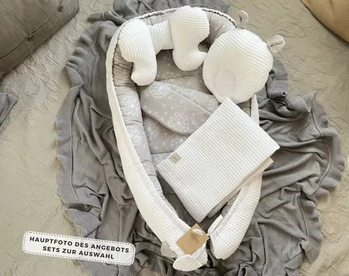 Loolay Bettnestchen WAFFELPIQUE Baumwolle BABYNEST Babykokon Neugeborene Babyausstattung, (Reisebett Nestchen SOLO/ o. in Geschenk SETS, 1-tlg., 4 Jahreszeiten WAFFELSTOFF - Design: Pustelblume Grau/ WAFFEL Weiß), 100% Europäische Stoffe und Kleinserien-Nähen!