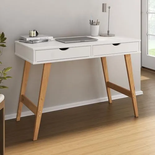 IDIMEX Schreibtisch MILO - Kinderschreibtisch aus massivem Kiefernholz mit 2 praktischen Schubladen, ideal für ein aufgeräumtes Arbeitsumfeld und modernes Design in Weiß/Eiche.