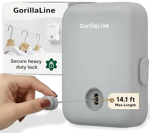 GorillaLine,Einziehbare Wäscheleine für Innen- und Außenbereich,Strapazierfähige Wäscheleine,Wandmontage Wäscheständer Kleiderleine,Einziehbares Aufhängen,Schloss um EIN Durchhängen zu verhindern