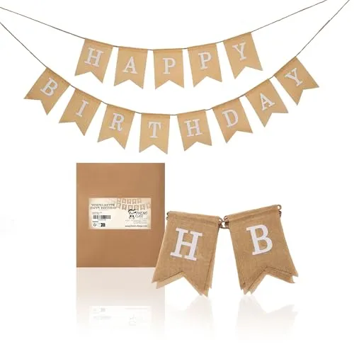 PHENO FLAGS Happy Birthday Stoff-Wimpelketten (2m und 2,5m) aus Leinen, Wiederverwendbare Geburtstags Dekoration mit weißer Schrift