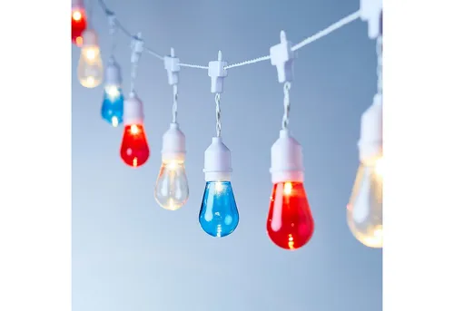 Lights4fun 15er LED Party Lichterkette in Blau, Weiß und Rot - Fantasievolle 15er Lichterkette für Außenbereiche, 4,2m lang mit IP44-Schutz. Perfekt für stimmungsvolle Abende im Garten oder auf dem Balkon.
