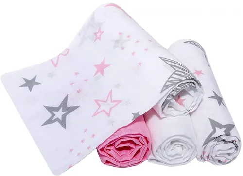MAKIAN Mulltücher / Mullwindeln / Spucktücher / 4er Pack, 80x80cm, Sterne Pink