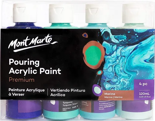 Mont Marte PREMIUM Pouring Acrylfarbe - 4 x 120 ml, Gieß-Acrylfarben für kreative Techniken - Bastelfarben, ideal für Gieß- und Fließtechniken, bereits mit Pouring Medium vorgemischt für optimale Fließeigenschaften und beeindruckende Effekte.