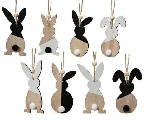 Osterhase zum Aufhängen 4x8cm Holz 1 Stück Sortiert - mit Aufhänger - Dekohase für Ostern Frühling - Holzfigur Osterdeko Osterschmuck - Holzdeko Osterfiguren Ostergeschenk - Natur Weiß Schwarz