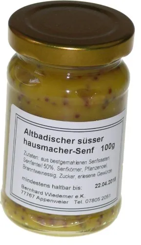 Wiedemer – süßer Altbadischer Hausmacher Senf aus frischer Zubereitung mit ausgewählten natürlichen Zutaten – 1 Glas á 100 ml Gourmet Senf für Weißwurst, Leberkäse, Salatdressing u.v.m.