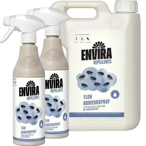 Envira Floh Abwehrspray 2 x 500 ml + 2 Liter - Spray mit Langzeitwirkung gegen Flöhe, Katzenfloh, Hundefloh - Mittel gegen Flöhe für Wohnung & Möbel - Effektives Flohmittel & Flohschutz