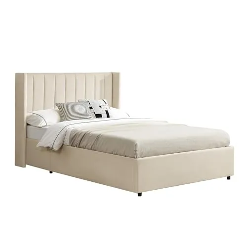 Juskys Polsterbett Savona - Beige - Modernes Polsterbett mit großem Stauraum und weichem Samt-Bezug, ideal für maximalen Komfort und praktische Nutzung im Schlafzimmer.