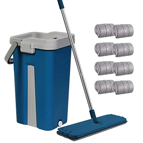Wischmopp und Eimer Set, Mikrofaser Flachmop für Nass & Trocken mit Edelstahlgriff, Doppelkammer-Eimer geeignet für alle Floor (Blau)