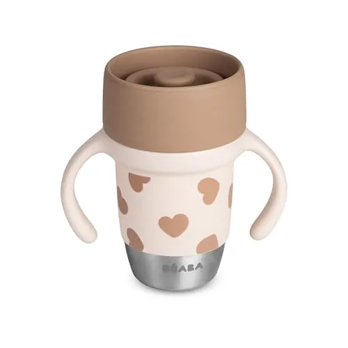Béaba, Edelstahl-Lernbecher Click & Drink – 360°-Becher ohne Ventil, auslaufsicher, kippsicher, mitwachsend, 1-Klick-Öffnung, Baby- und Kinderbecher, 240 ml, Big Love