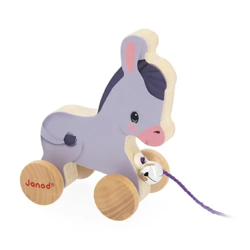 Janod - Esel aus Holz mit Glöckchen - Lernspielzeug zum Ziehen und Schieben - Motorische Fähigkeiten und Vorstellungskraft - 50cm Schnur für kleine Hände - FSC-Zertifiziert - Ab 12 Monate, J03323