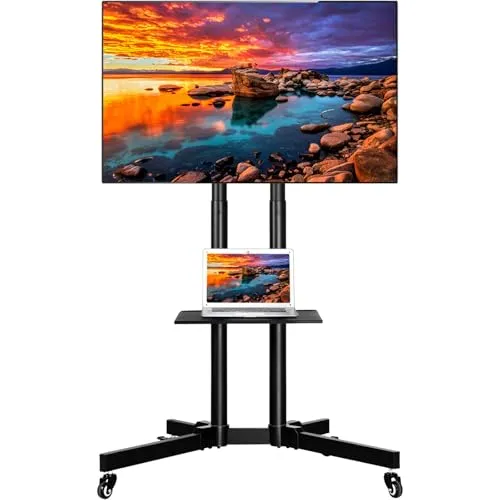 Yaheetech Mobiler TV Standfuß für 32-75 Zoll Fernseher - Höhenverstellbarer TV-Ständer mit stabilen Doppelstangen, ideal für Präsentationen und vielseitige Anwendungen. Ausgestattet mit 360° drehbaren Rollen für einfache Mobilität und Sicherheit.