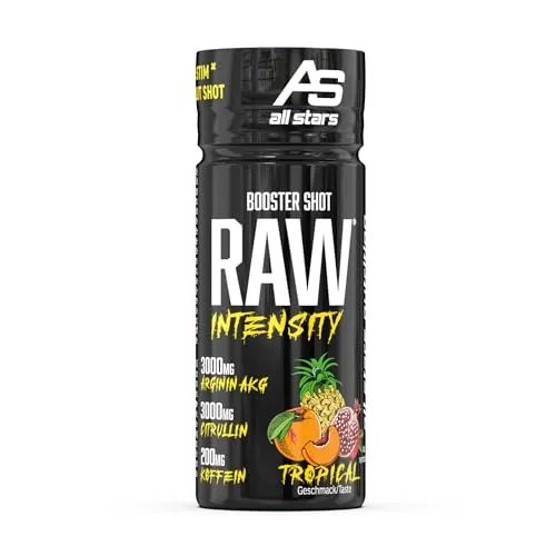 All Stars Raw Intensity Booster Shot Tropical I Pre-Workout Shots mit Aminosäuren & Koffein I BCAA Energy Ampullen fettarm & zuckerarm I Fitness Drink flüssig & verzehrfertig