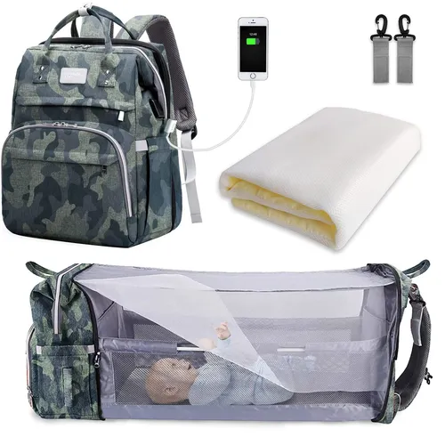 SNDMOR Wickeltasche Rucksack, wickelrucksack mit bettfunktion Großer, Multifunktionale Diaper Bag Mit Wickelunterlage, Kinderwagen-Haken, Geeignet für Mama und Papa (Grünes Tarnmuster)