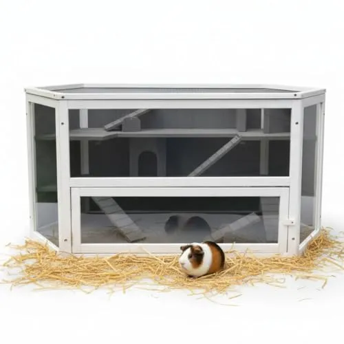 Melko Mehrstöckiger Kleintierstall mit Häuschen und Treppen - Sechseckiger Kleintierstall aus Holz für Mäuse, Hamster und Ratten. Bietet mehrere Ebenen zum Spielen und Klettern sowie zwei Häuschen für Rückzugsmöglichkeiten. Ideal für ein sicheres Zuhause im Innenbereich.