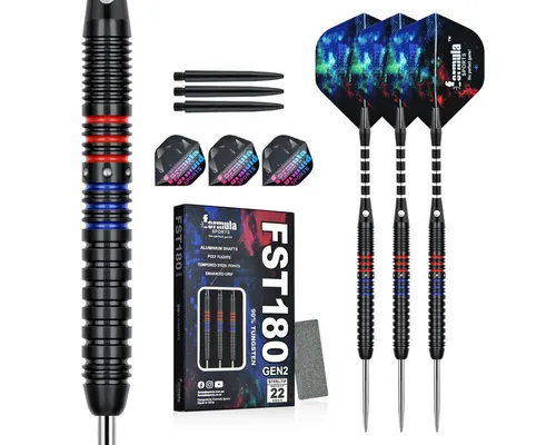 Formula FST180 Gen2 Dartpfeile 22g - Schwarz/Blau/Rot - Hochwertige Tungsten Dartpfeile mit strukturierten Ringen für optimalen Grip. Ideal für Steeldart, stabil in der Wurfbalance und präzise im Spiel. Perfekt für alle Dartliebhaber!