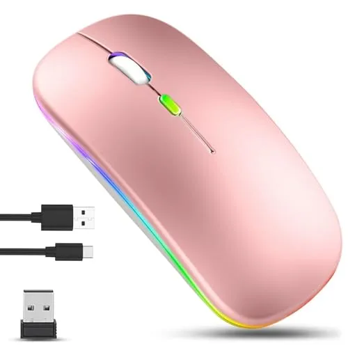 GLOBAL TECH Kabellose Bluetooth Maus, Wiederaufladbare LED Ultradünne Funkmaus mit Dual-Modus 2,4 GHz & Bluetooth, Leise Tragbare Maus Kabellos für Laptop, PC, Computer, Mac, iPad, Tablets (Rosa)