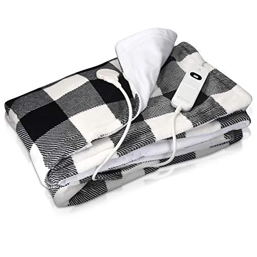 Navaris Elektrische Heizdecke 180x130 cm - Heizdecke für warmen Komfort in kalten Nächten, elektrisch betrieben, kariertes Design in Schwarz/Weiß, ideal für das Schlafzimmer.