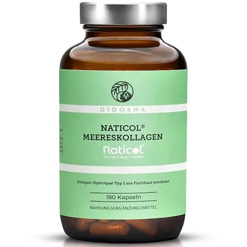 NatiCol Meereskollagen Kapseln von QIDOSHA® - 180 Stk im Apothekerglas - Kollagen-Präparate mit hochbioverfügbarem Meereskollagen Typ I für verbesserte Hautelastizität und Gelenkunterstützung, hergestellt in Deutschland und verpackt in umweltfreundlichem Glas.