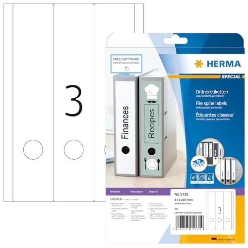 HERMA 5135 Ordnerrücken Etiketten lang breit, 25 Blatt, 61 x 297 mm, 3 pro A4 Bogen, 75 Stück, selbstklebend, bedruckbar, blickdicht, blanko Papier Ordneretiketten Rückenschilder Aufkleber, weiß