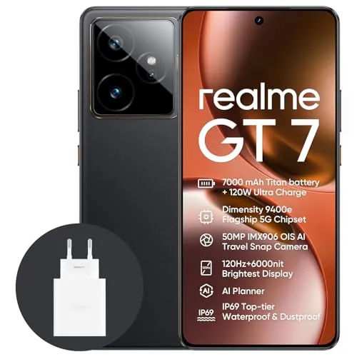 realme GT7 Smartphone 5G – 12+256GB, 7000 mAh, 120W Schnellladung, IP69, Schwarz
