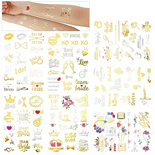 HOWAF 134 Stück Junggesellinnenabschied Tattoo Set, Gold JGA Tattoo Bride Team Braut Hochzeit temporäre Tattoos Junggesellinnenabschied Accessoires Dekorationen/Deko