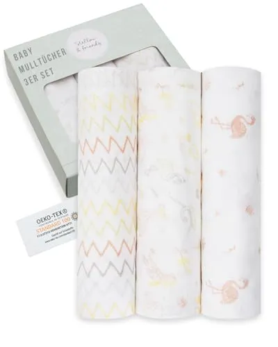 Stellou & friends Baby kuschelweiche, Spücktücher, Mullwindeln, Mulltücher aus 100% Musselin-Baumwolle, 3-er Pack für Mädchen und Jungen, kinderwagendecke, 115 X 115cm (weiß/rosa, Flamingos)
