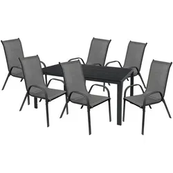 7-tlg. Gartengarnitur Aluminium Non-Wood – Anthrazit-Schwarz - Loungemöbel & Sitzgruppen: Wetterbeständige Sitzgruppe mit stapelbaren Stühlen und einem großzügigen Tisch für bis zu 6 Personen – ideal für Garten und Terrasse.