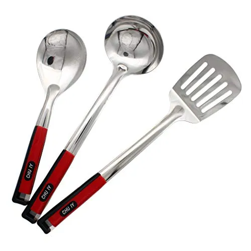 Abcsea 3 Stück Kochbesteck Edelstahl Kochset, Kochlöffel Set Servierlöffel Edelstahl, Edelstahl Küchenspatel, Küche Wender, Geschlitzter Löffel, Küchenhelfer-Set (Gruppe 1)