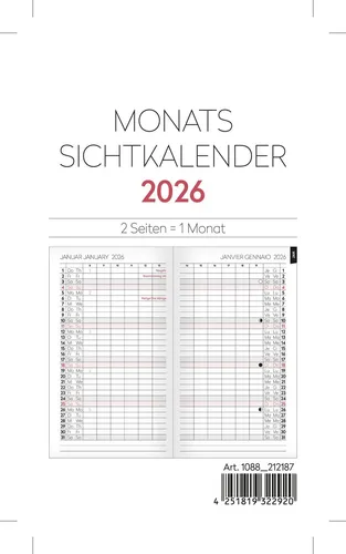 ADINA Monats-Sichtkalender 9x15cm 2S/1Monat Einlage 2026 von ADINA