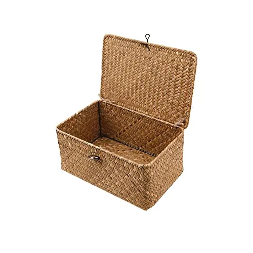 Esoes Aufbewahrungskorb aus geflochtenem Rattan, Aufbewahrungsbox mit Deckel, Seegras, Wäschekörbe, Make-up-Organizer für Badezimmer, Wohnzimmer, Küche (XL)