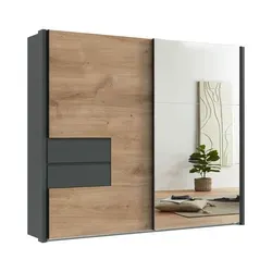 luma-home Schwebetürenschrank Eiche mit Spiegeltür - Moderner Kleiderschrank mit stilvollem Passepartout und leisen Schwebetüren, ideal für effizientes Stauraummanagement im Schlafzimmer.