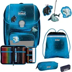 SCOUT Safety Light Genius Set 5-teilig Polar Blue - Schulranzen Set mit blinkenden LEDs für erhöhte Sichtbarkeit und Sicherheit, ergonomischer Rücken für komfortables Tragen.